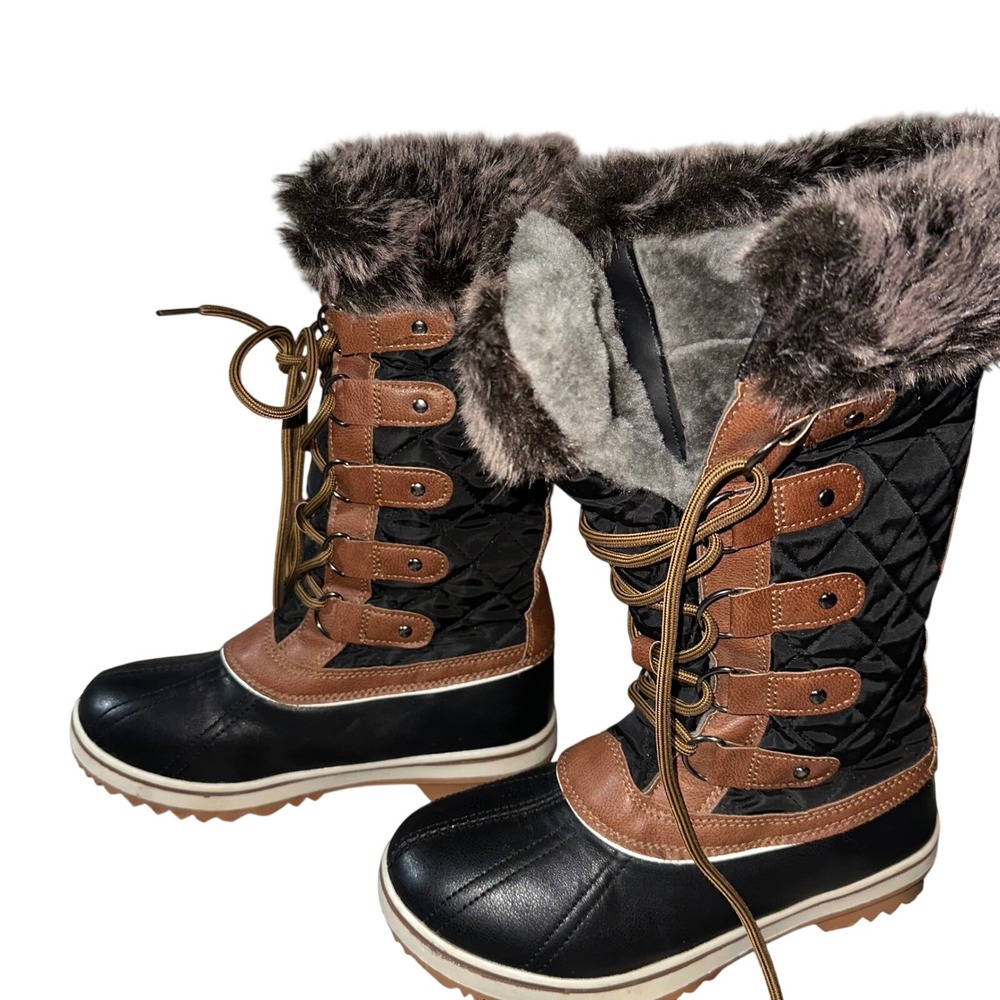 Mishansha Women Winter Snow Boots Fur Lined Lace Up Waterproof Black Tan Sz 6.5‎ - Picture 4 of 8